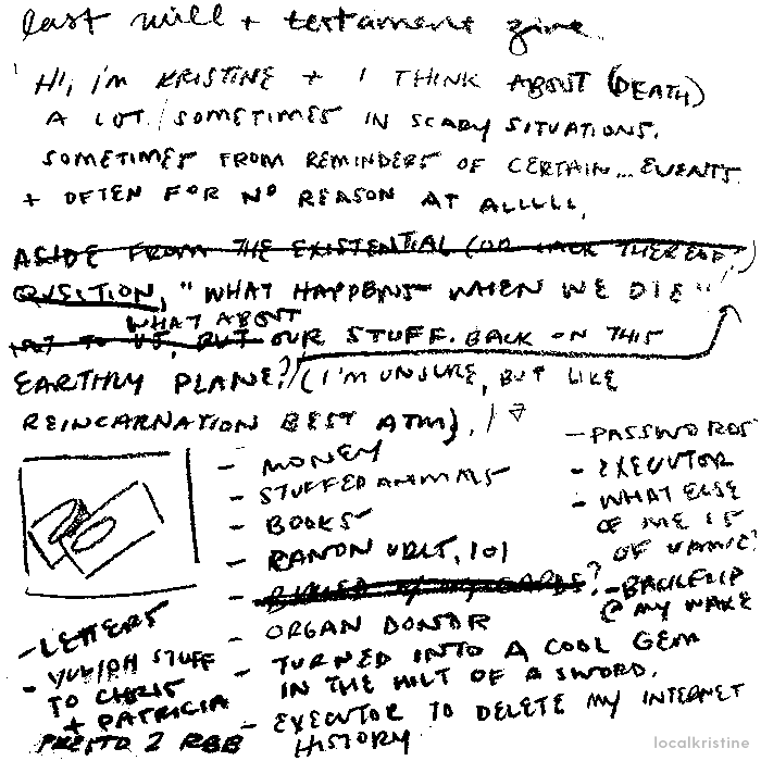 Handwritten text brainstorming about what goes in a will