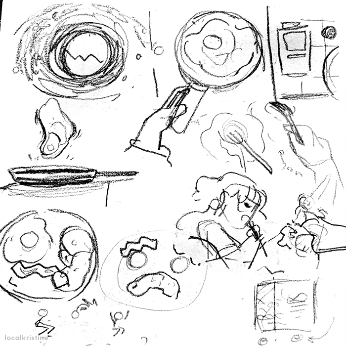 Sketches of breakfast, cooking and eating eggs.