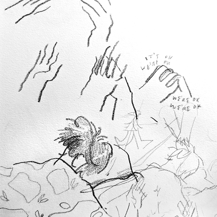 Sketches of holding hands and a sleeping boy.